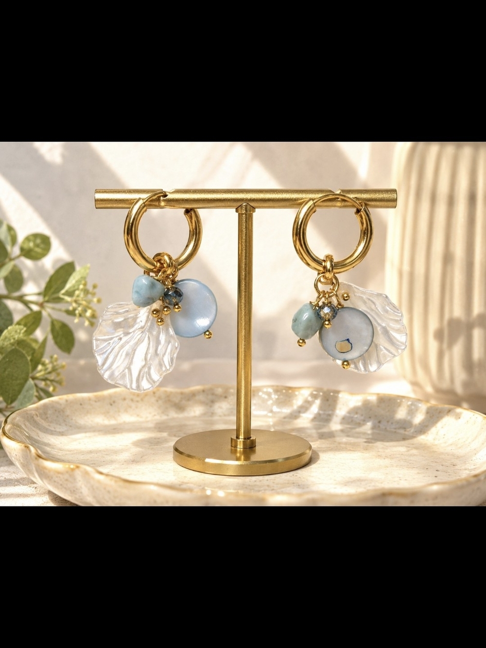 18k Gold Plated Hoop Earrings with Blue Mother Of Pearl Larimar Crystal Acrylic
